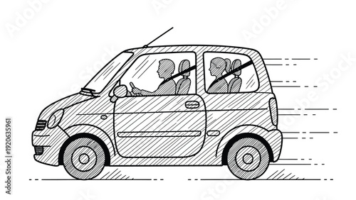 A black and white sketch of a small car in motion, with four passengers inside. The car is drawn with speed lines, conveying movement and energy.