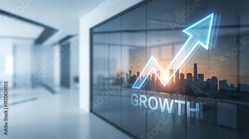 AI Generated Business Growth Arrow Rising Over Modern City Skyline Through Glass Office
