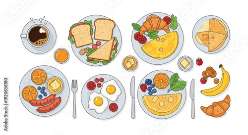 Variety of breakfast foods on plates with fresh fruits and coffee on a white background