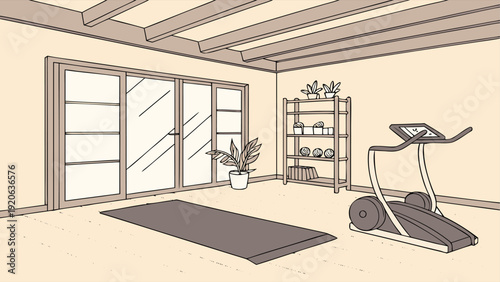 Stylish gym interior with exercise equipment and dark wall background, high-quality 3D visualization.