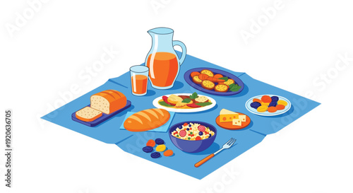 Isometric illustration of a checkered picnic with various foods