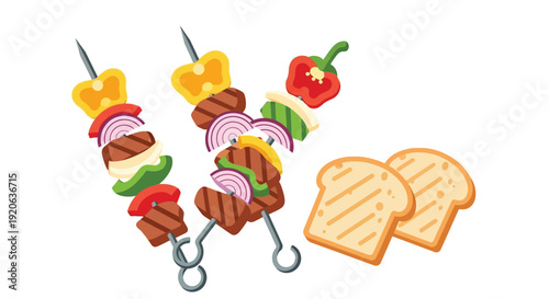Colorful meat skewers with vegetables and toasted bread a delightful barbecue scene
