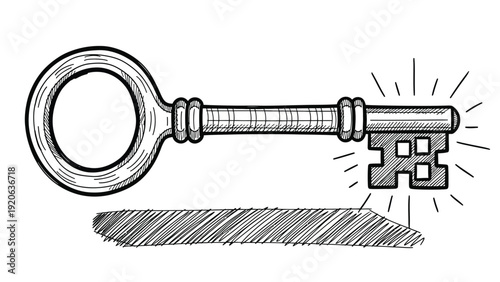 Illustration of an antique key with a round handle and ornate teeth, surrounded by lines indicating a glow. A shadow is drawn beneath, adding depth.