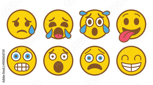 Cry and fear emotion icons featuring different emoticons in yellow round vector emoji set, mobile app and web page symbols