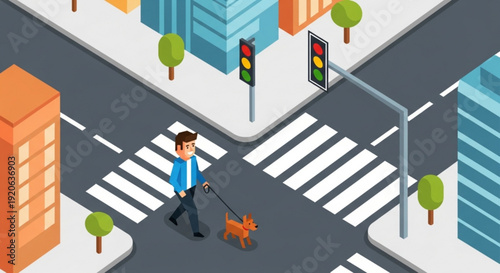 Man walking dog through city street crossing at traffic lights with modern buildings and trees around