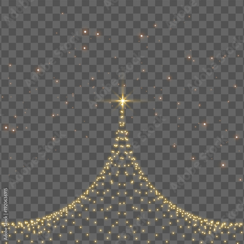 Golden christmas tree shape formed from sparkling lights on a transparent background