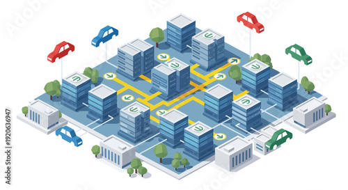 Isometric Cityscape with Buildings and Vehicles.