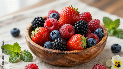 A wooden bowl overflows with vibrant raspberries and blueberries. Fresh mint leaves and a linen napkin add a touch of elegance. The scene evokes freshness and sweetness.
