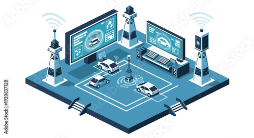 Futuristic Control Center with Satellite Towers.