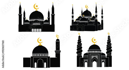 Silhouettes of islamic mosques with crescent moons and minarets