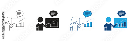 Business Presentation icon set . Person presenting data on board with speech bubble symbol isolated on white background. Vector illustration.