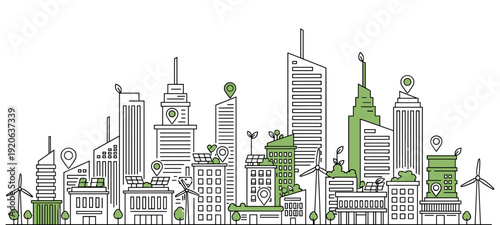 Sustainable smart city skyline with green energy and renewable architecture