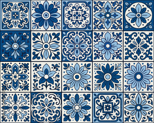 Decorative seamless pattern inspired by traditional Talavera and Mexican ceramic tiles. Hand-drawn geometric and floral ornaments in blue and white tones for textiles,  packaging, home decor