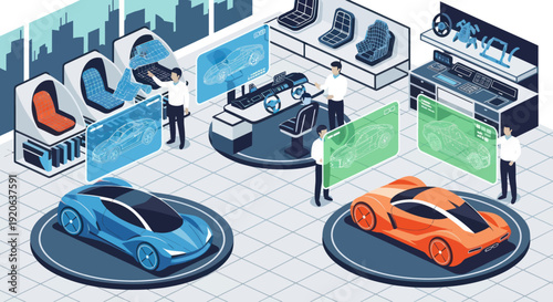 Futuristic Cars in Virtual Showroom Setting.