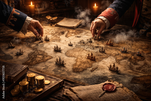 Seven Years' War 1756 global conflict beginning map with British and French naval figurines, colonial taxation seal and war costs on strategy table