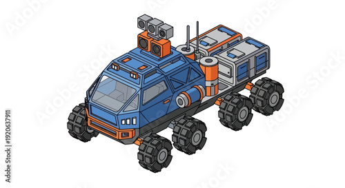 Futuristic blue rover vehicle with large wheels.
