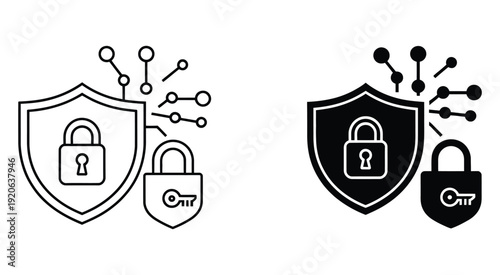 Cyber security shield icons with lock and key elements featuring data protection, privacy safeguards, encryption symbols, firewall concepts, and modern flat vector illustration