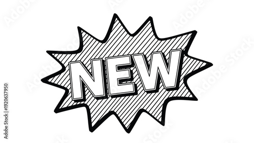 Comic-style starburst with the word "NEW" in bold, outlined letters. The design conveys excitement and attention-grabbing energy.
