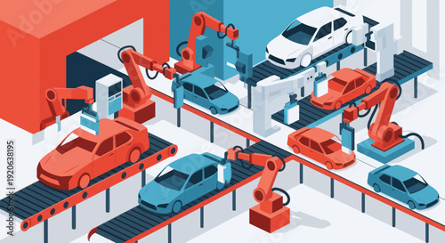 Automotive Factory Assembly Line with Robots.