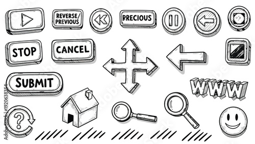Hand-drawn style icons including navigation arrows, buttons labeled 'Submit,' 'Stop,' 'Cancel,' magnifying glass, house, question mark, and smiley face.