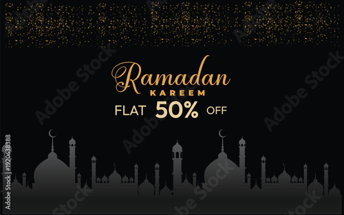 Ramadan Kareem Sale Banner with Mosque Silhouette and Golden Stars 50 percent off sale template