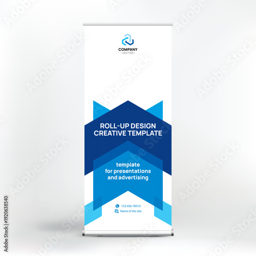Banner design, roll-up stand for advertising, conferences, seminars, poster template for placing photos and text. Creative background for presentation