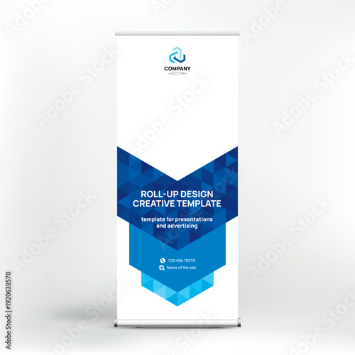 Banner design, roll-up stand for advertising, conferences, seminars, poster template for placing photos and text. Creative background for presentation