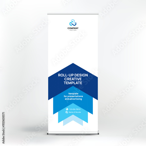 Banner design, roll-up stand for advertising, conferences, seminars, poster template for placing photos and text. Creative background for presentation