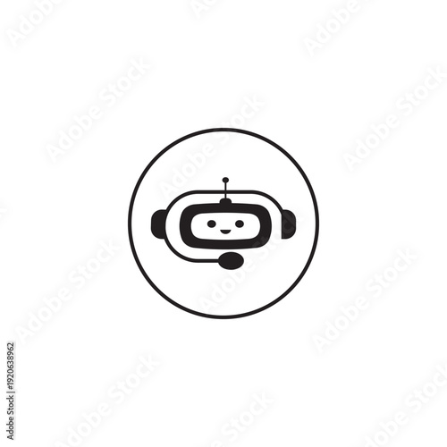 Chatbot icon. Support bot. Cute smiling robot with headset. The symbol of an instant response from the support service. Mobile helper icon. Vector illustration isolated on white background.