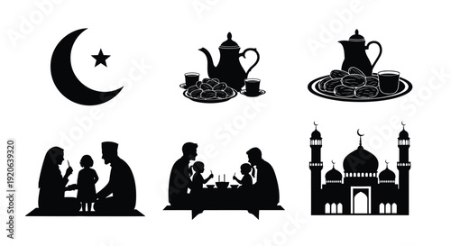 Ramadan icons depicting crescent moon tea family and a mosque
