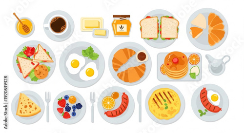 Variety of breakfast foods including eggs pancakes fruits and pastries on plates with utensils