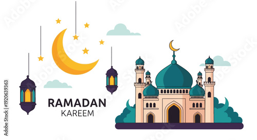 Ramadan kareem illustration with mosque lanterns crescent moon and stars