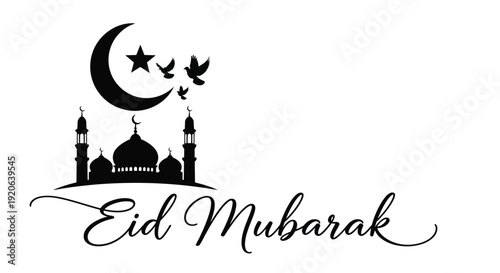 Eid mubarak greeting with crescent moon stars and mosque silhouette