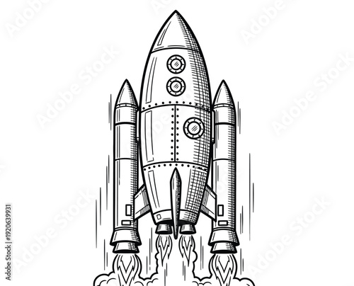 Illustration of a vintage rocket launching with flames and smoke. The rocket, detailed with rivets and portholes, conveys a sense of adventure and exploration.