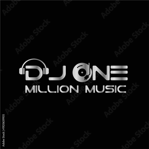 Metallic silver DJ One Million Music logo featuring headphones and a vinyl record turntable icon isolated on a black background.
