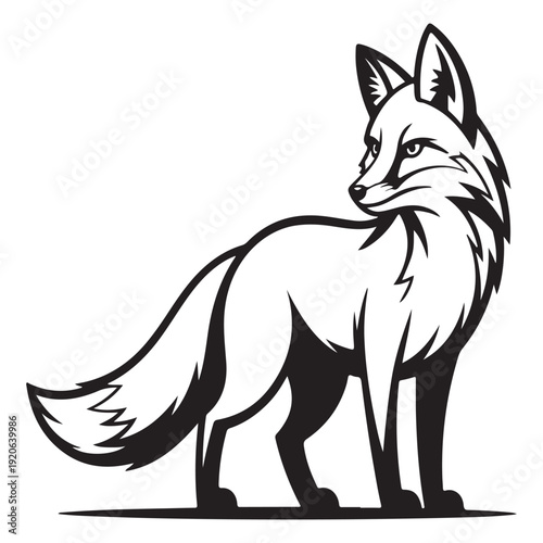 Wild fox silhouette vector illustration of standing forest animal with bushy tail tribal style predator logo design element for outdoor branding isolated on transparent background grid