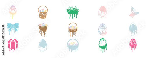 Easter Dripping Pastel Icon Set with Painted Eggs Basket Gift and Decorative Spring Elements EPS Vector Collection