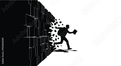 silhouette of businessperson breaking through wall with briefcase