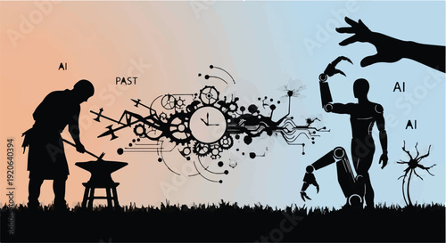 AI technology concept with man working and robot evolving