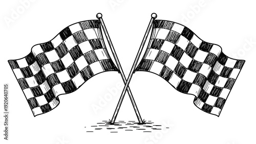 Two illustrated checkered flags crossed at the poles, in black and white. The flags are in motion, symbolizing a racing finish, creating a dynamic feel.
