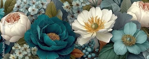 Large teal and gray floral pattern with white blooms and turquoise bird for decorative art