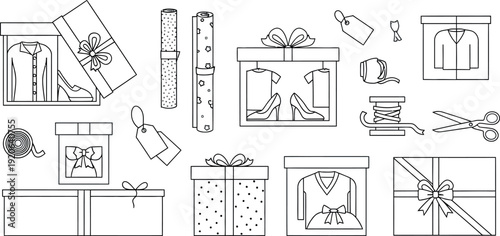 Collection of black line art icons representing various clothing gifts, wrapped presents, and essential wrapping supplies ready for holiday or birthday celebration preparation.