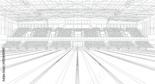 Blueprint wireframe illustration showcasing the interior perspective of a modern competitive swimming pool facility designed for professional aquatic sporting events and spectator viewing areas.