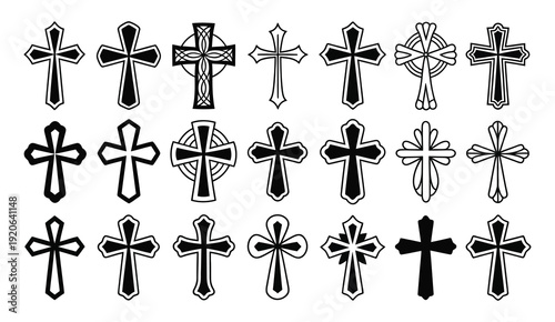 Diverse black and white cross designs featuring Celtic and Christian symbols, religious icons, spiritual elements