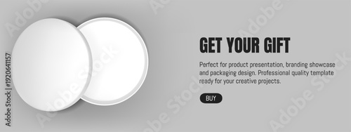 3d white box mockup. Open gift for birthday event on banner background. Luxury present with shadow. Merry Christmas package with lid mock up. Elegant and minimal circular valentine design for header.