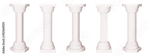 Marble plinth column with concrete pillar. White sculpture base for museum interior. Greek round cylinder and hexagon with stone texture render. Isolated 3d vector pedestal for art exhibition.