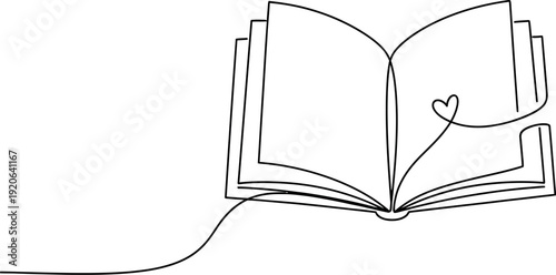 Minimalist continuous line art drawing depicts an open book where the flowing line subtly forms a small heart shape connecting to the pages representing love for reading or literature studies.
