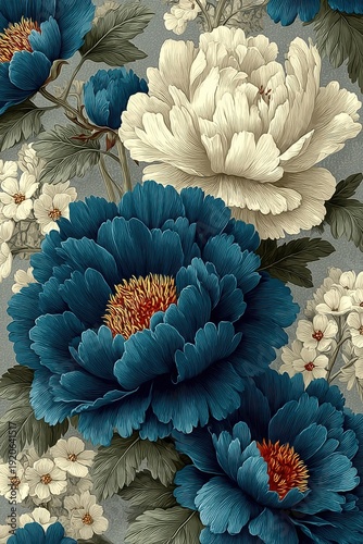Elegant vintage floral pattern featuring dark blue and white peonies with gray leaves