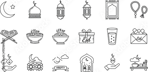 Collection of black and white line icons representing essential symbols and traditions associated with Ramadan fasting and the celebratory Eid al fitr holiday observance