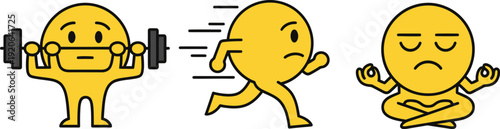 A cartoon character's fitness journey from lifting weights to running and feeling unwell